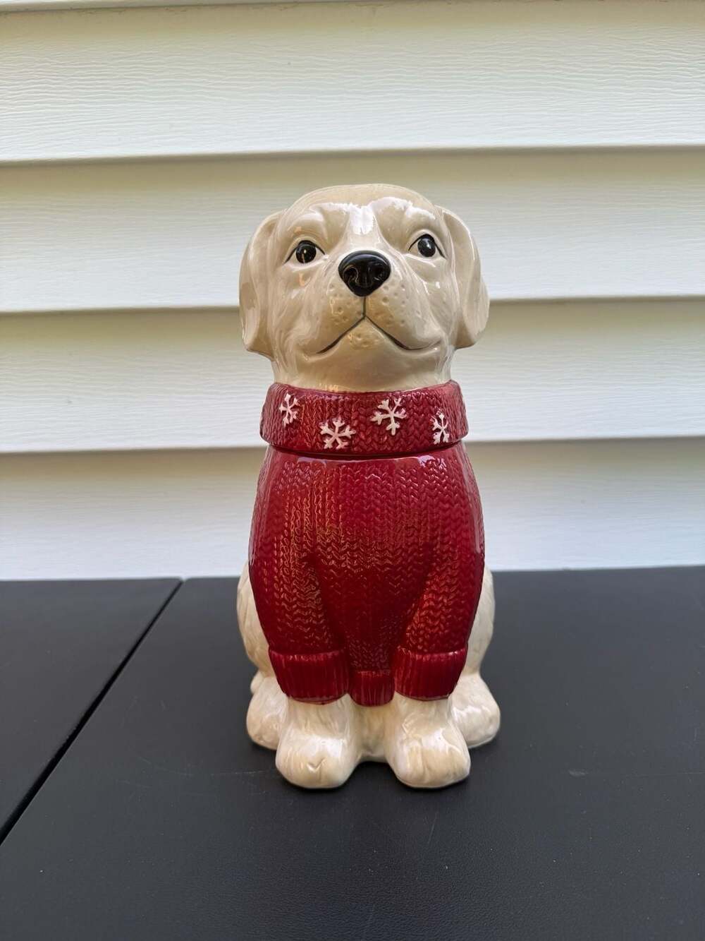 Winter Wonder Lane Ceramic Dog Cookie Jar in Red Sweater